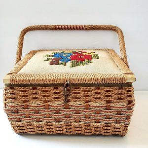 JcPenny Sewing Basket Needlepoint Cushion Top Vintage 1950's